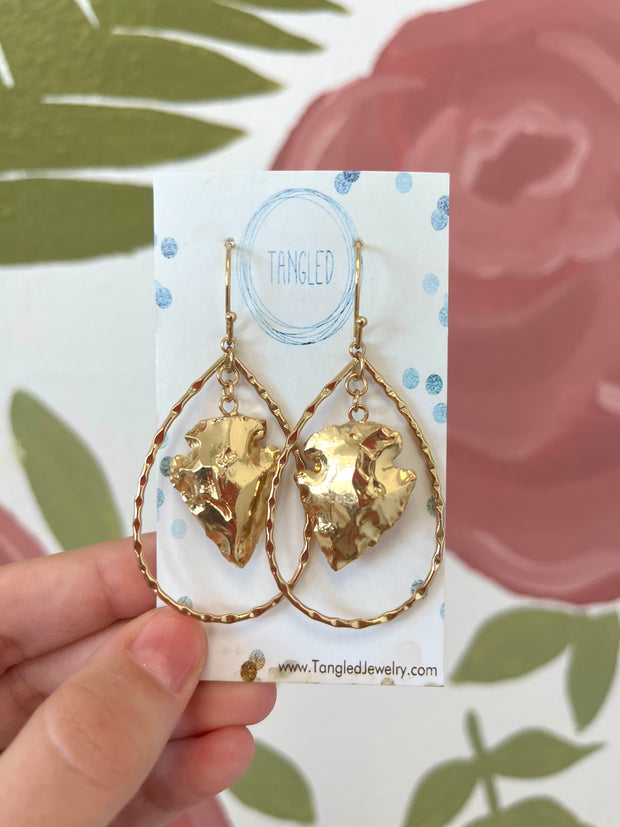 Gold Arrowhead Hammered Frame Earrings - BY