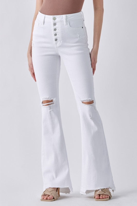 5 Button White Flare Jeans