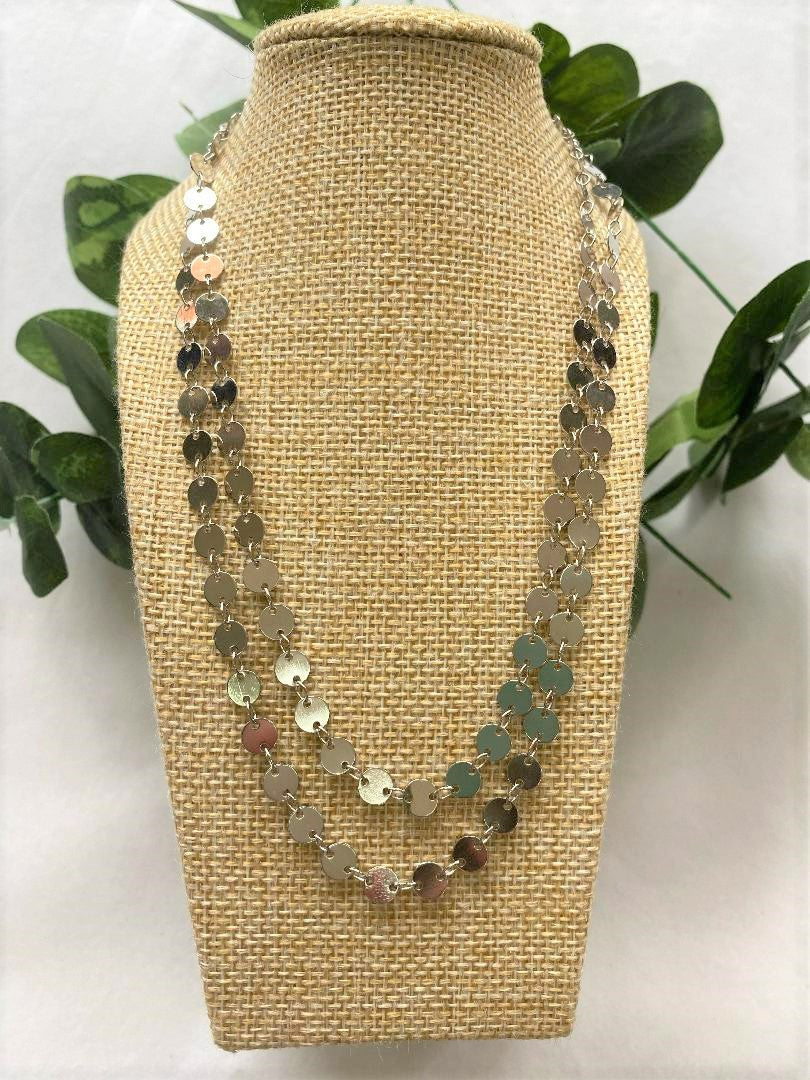 Large Disc Double Layered Necklace - Silver