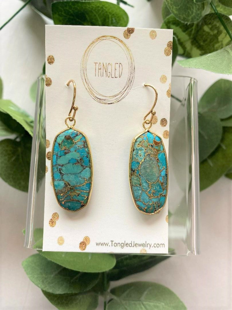 Gold Oval Turquoise Crackle Drops
