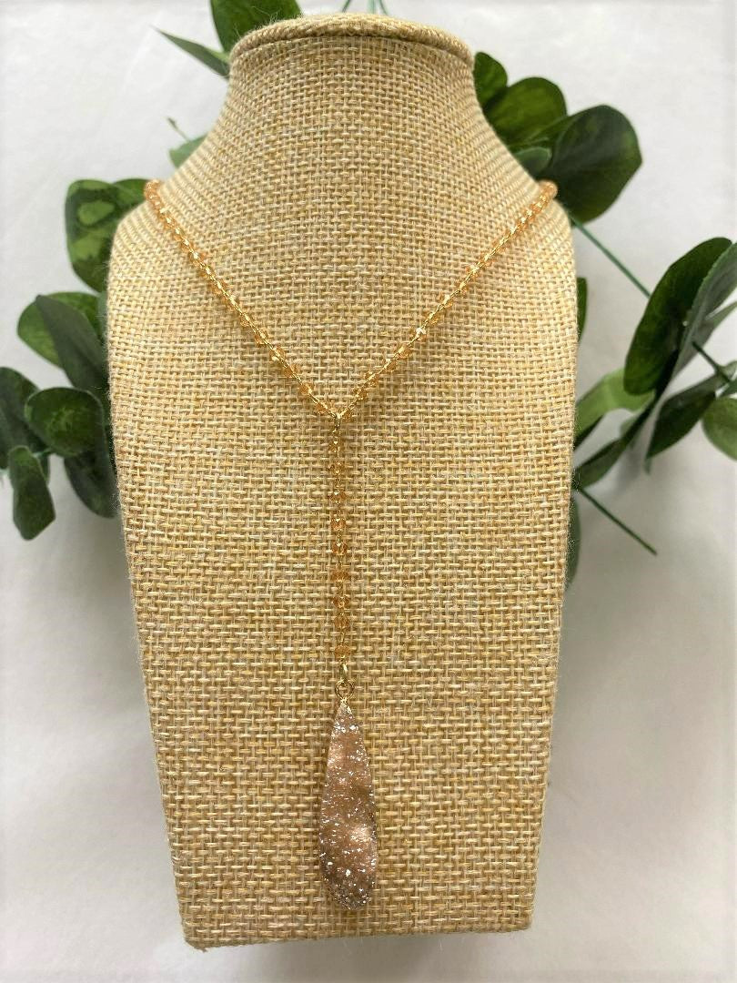 Gold Champagne Crystal Lariat - Long Champagne Druzy