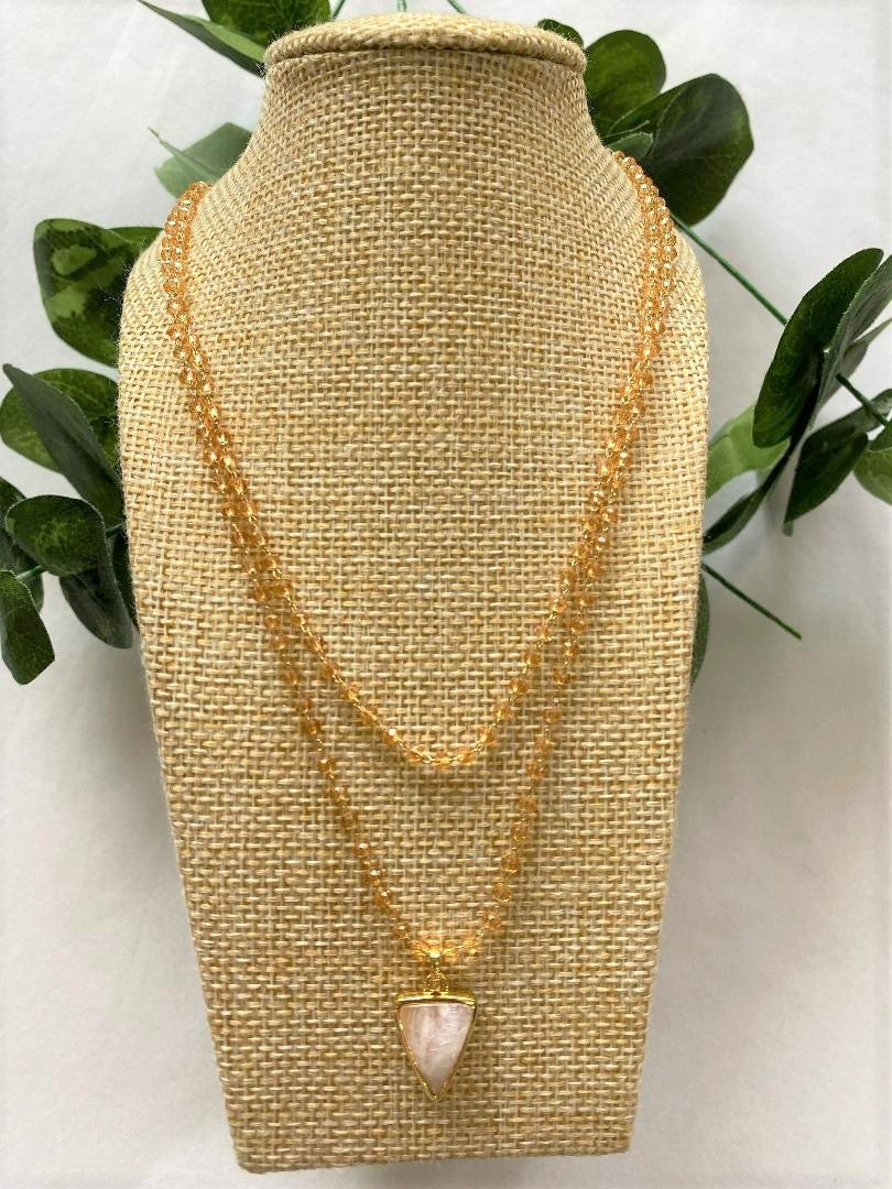 Gold Champagne Crystal Double Layered Necklace - Triangle Moonstone