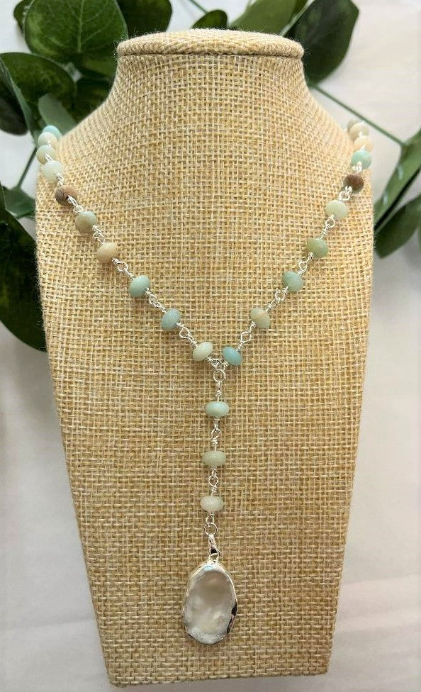 Silver Amazonite Lariat - Mother Of Pearl